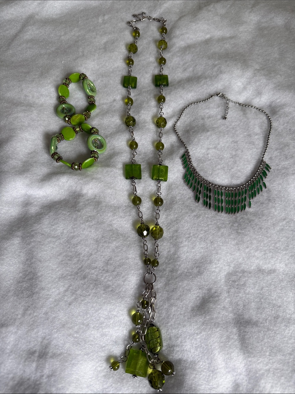 2 Necklaces and Bracelet Set: Green Glass Bead Tassel Necklace